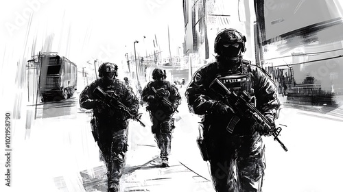 Black and White Illustration of Three Silhouettes of Armed Special Forces Soldiers in the City