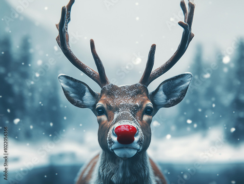 Closeup of Rudolph reindeer adult male deer with red nose big antlers at christmas xmas festive shoot surreal winter. 