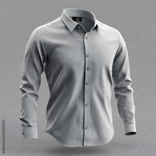 Grey shirt against gray background, sharply contrasts the monochromatic tones.