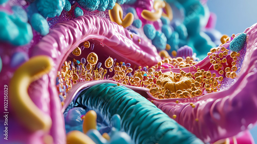 Close-up view of colorful cellular structures showcasing intricate details and textures in a vibrant, abstract representation of microscopic biology.