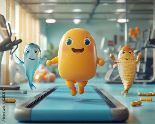 A playful protein pill character jogging on a treadmill, with fish oil and multivitamin friends cheering on in a gym setting