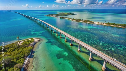 Aerial view of Seven Miles Bridge, Florida Keys, showing a serene blue ocean, white sandy coastline, and a stretch of highway connecting the islands.