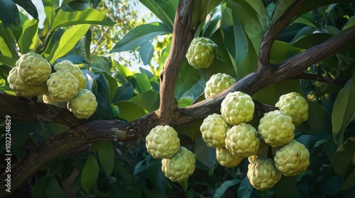 A custard apple tree filled with green fruit hanging from its branches in a tropical garden.