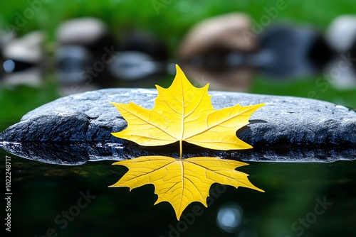 A single leaf floating on a still pond, reflecting the natural simplicity and beauty that transcendentalists revered in the ordinary