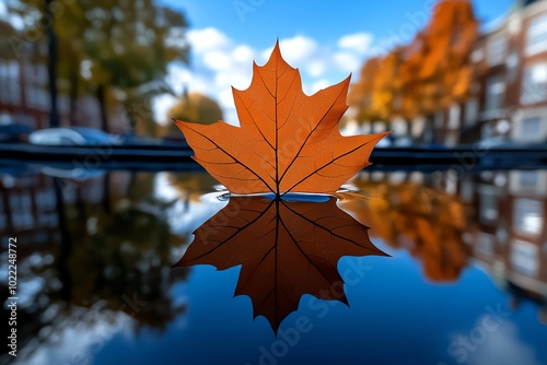 A single leaf floating on a still pond, reflecting the natural simplicity and beauty that transcendentalists revered in the ordinary