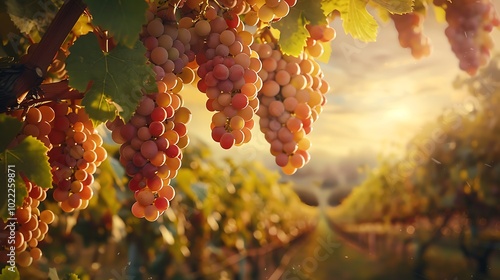 Ripe grapes in vineyard at sunset. Ripe grapes in vineyard.