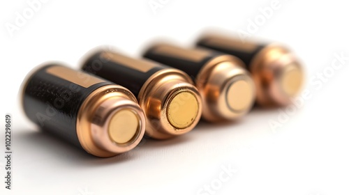 Several AA batteries in perspective on a white background, closeup