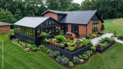 Aerial perspective of an L-shaped home with dark brick and board and batten siding, the end section showcasing a greenhouse with abundant plants