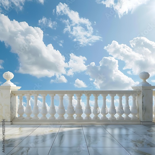 White balustrade with flowers on a background of blue sky with clouds