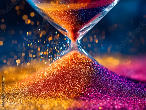 Closeup of hourglass with colorful sand flowing through, representing time and its passage.