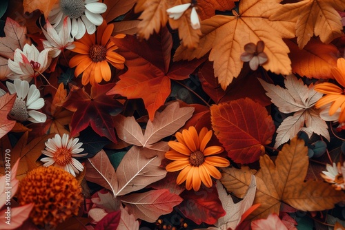 A tapestry of autumn leaves and blooming flowers in warm hues covers the ground, showcasing the beauty of fall's transition. Generative AI