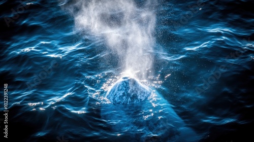 A whale's blowhole erupts from the water, creating a misty plume against the dark blue ocean.