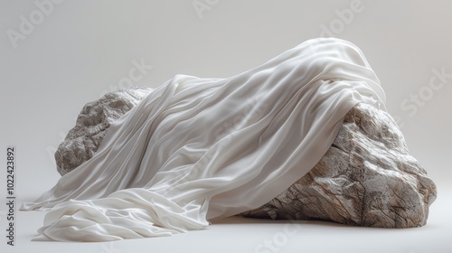 Minimalist White Draped Rock on Stone Pedestal with Gray Backdrop