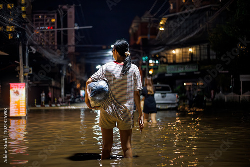 flood victims woman stands in the flooded streets of Chiang Mai city at night 2024, holding a bag with personal belongings. Another person wades ahead through the water