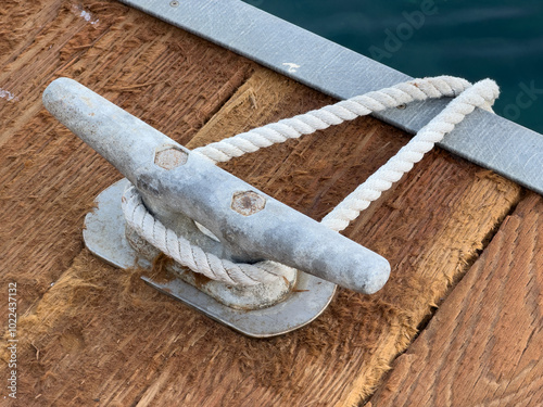 The rope is looped around a metal two-ended hook on a dock. Boating basics during docking.