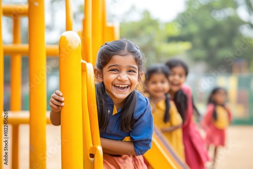 Happy young indian girls playing on playground slide