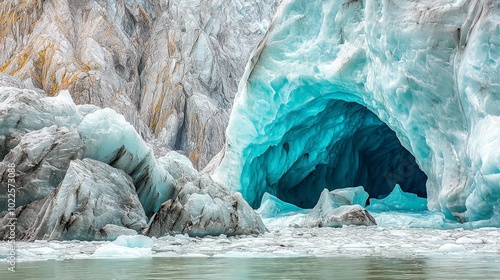 A large ice cave with a blue interior in a glacier with water in the foreground.