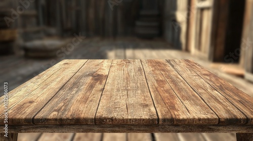 Wild West Saloon Table Mockup, a rustic wooden table in a saloon setting, ideal for showcasing products, featuring detailed textures and an authentic western ambiance.