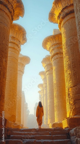 Woman Walking Through Ancient Egyptian Temple Columns