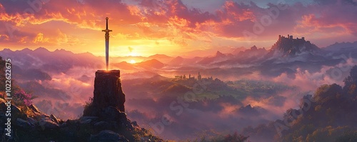 A golden sword stands atop a mountain peak at sunset.