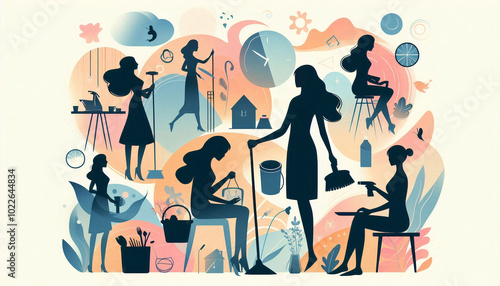 Illustration of women doing various household chores, highlighting daily routines in a vibrant and dynamic style