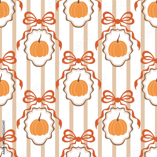 Coquette fall bows, pumpkin, ribbons, cameo seamless pattern. Autumn hand drawn grandmillennial vertical striped background. Vector wallpaper, print, wrap paper, textile, cute Thanksgiving day design.