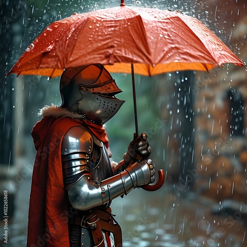 A knight holding an umbrella on a rainy day.