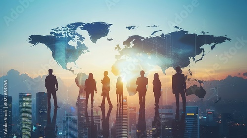 Global communication network concept with interconnected business nodes and human resources collaboration across worldwide platforms.