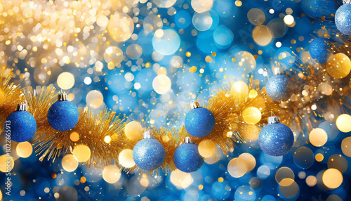 Golden and blue festive decorations with shimmering lights during holiday season celebration