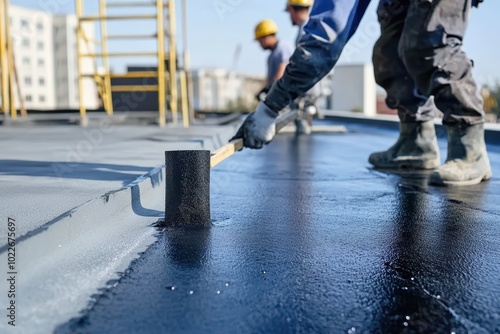 roofers Applying a protective, dark sheen to a rooftop.