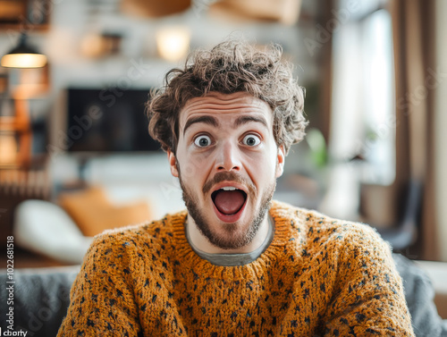 Handsome Man at Home Scared and Excited