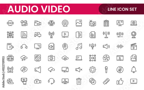 Audio Video Icons Pack. Thin line icons set. Flat icon collection set. Simple outline icons.