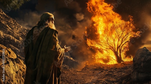 Ultra-realistic scene of Moses standing before a burning bush in the wilderness