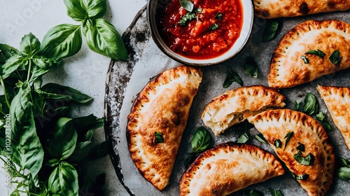 Delicious calzone baked pastries with dipping sauce.