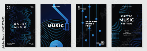 Music poster design background vector set. Electro Sound Cover template with vibrant abstract gradient geometric shape and line wave. Ideal design for social media, flyer, party, music festival, club.