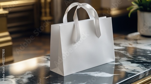 A plain white shopping bag on a marble surface in a stylish setting.