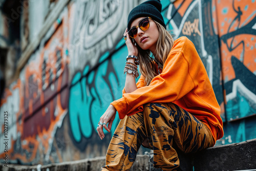 Stylish young woman in vibrant orange sweatshirt and patterned pants poses confidently against urban graffiti wall, embodying street fashion and youthful attitude