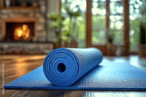 Yoga at home woman rolling exercise mat in living room : Generative AI