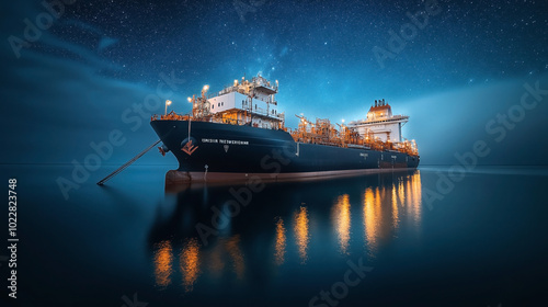 A large cargo ship, illuminated with artificial lights, is anchored on a calm sea during nighttime under a starry sky.