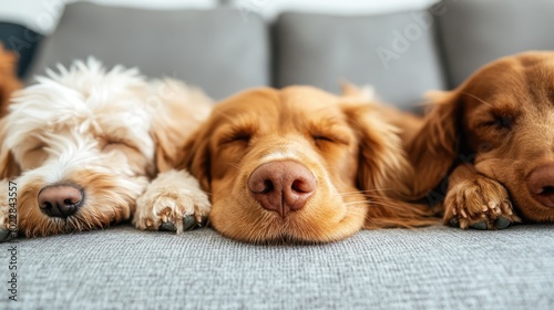 A trio of dogs snooze close together on a cozy grey cushion, embodying friendship and tranquility, offering a heartwarming glimpse into serene rest. Perfect capture.