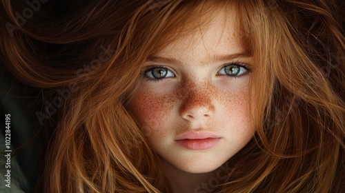 A stunning close-up of a young redhead girl with flowing hair and freckles, captivating the viewer with her blue eyes and contemplative expression.