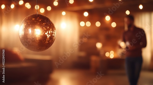 A disco ball hangs in a warm, cozy room with scattered lights reflecting around, creating a festive and nostalgic atmosphere, reminiscent of cheerful celebrations.