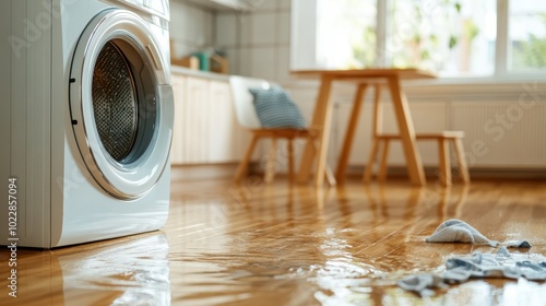 A leak from a washing machine spreads water across a wooden floor, creating a shimmering effect as light from the room highlights the glistening surface.