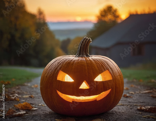 Zucca intagliata con un sorriso malizioso, illuminata dall'interno da una candela tremolante. 