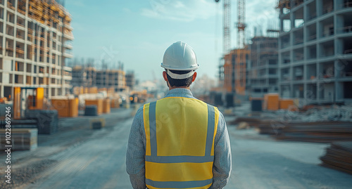 Construction manager inspecting building site on a sunny day, wearing hardhat and safety vest