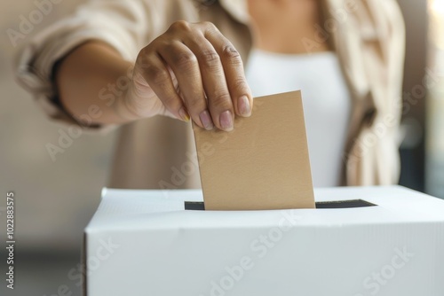 A person is casting their vote by placing a ballot into a voting box, emphasizing the importance of civic engagement and participation in democracy.