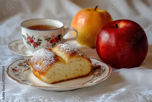 Colazione, con brioche su piatto bianco, tazza di thÃ©, ed una mela - generative ai