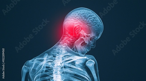 Anatomy of Pain: X-ray style medical illustration of a human head and neck showing severe pain in the occipital region. Perfect for medical publications, websites, and educational materials.