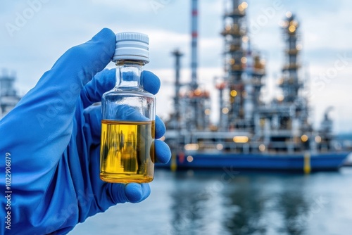 A gloved hand holds a bottle of oil in front of a refinery plant, symbolizing oil production and industrial processes.