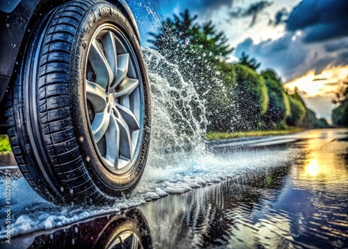 Wet tires on asphalt road during rainfall showcasing water splashes and driving dynamics in rain